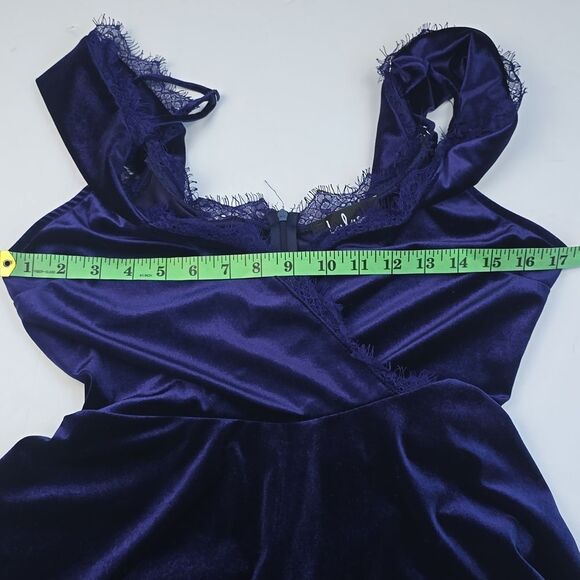 Lulus -793 Navy Cold Shoulder Surplice V-Neck Lace Velvet Mini Dress Size M - Picture 7 of 9